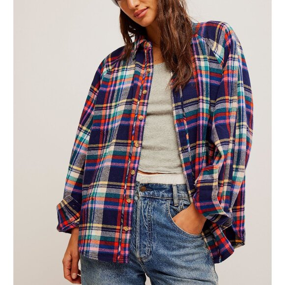 Free People Multicolor Plaid Button Down Shirt Size Large - Picture 1 of 9